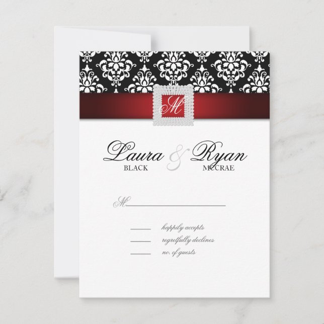 Joyau de la carte de réponse Mariage RSVP Noir Rou (Devant)