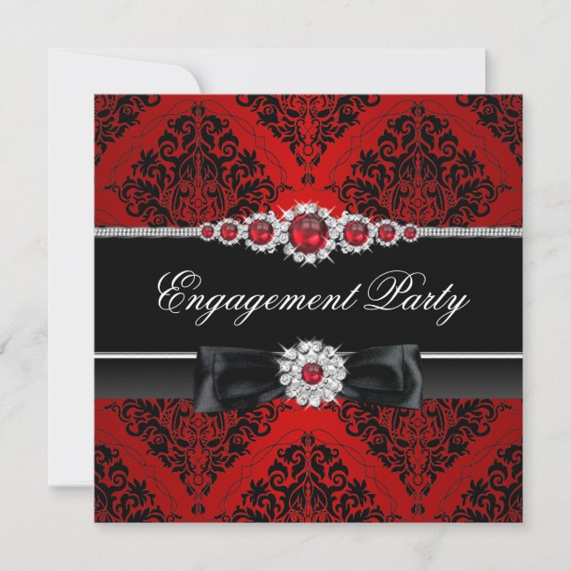 Joyau rouge et noir Damask Engagement Invitation (Devant)