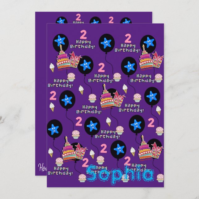 Joyeuse 2e Invitation anniversaire #2 violet (Devant / Derrière)