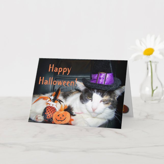 Joyeuse carte de chat sorcière Halloween (Petite plante)