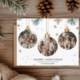 Joyeuse carte de Noël avec trois ornements Photos