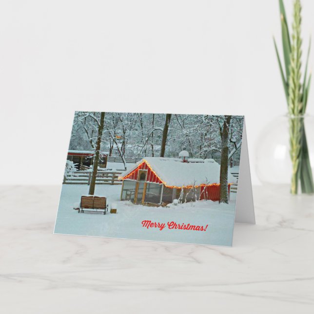 Joyeuse carte de Noël avec une scène de ferme neig (Devant)