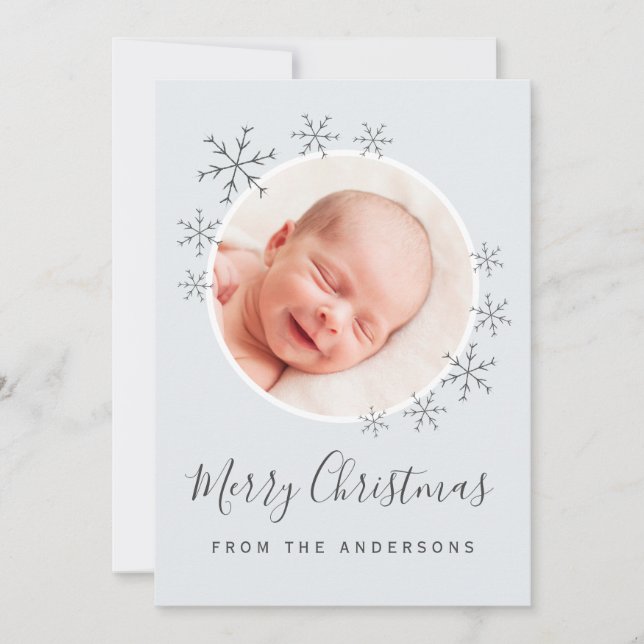 Joyeuse carte de Noël bleu gris avec flocons de ne (Devant)