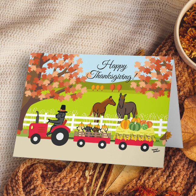 Joyeuse carte de Thanksgiving Labradors et Tracteu (Happy Thanksgiving Labrador and Tractor Design Card for Black Labrador Owners.)
