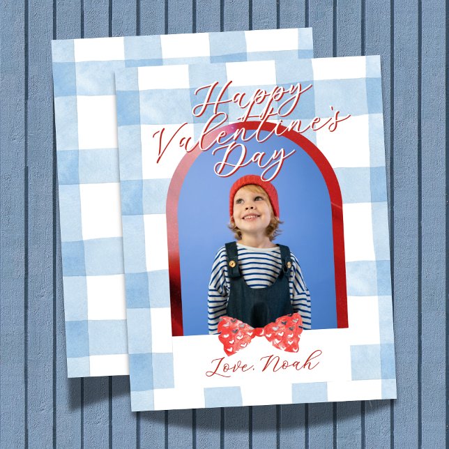 Joyeuse carte photo d'arche de Saint-Valentin en v (Send heart day greetings with this Happy Valentine's Day Arch Photo Blue Gingham Holiday Card! )