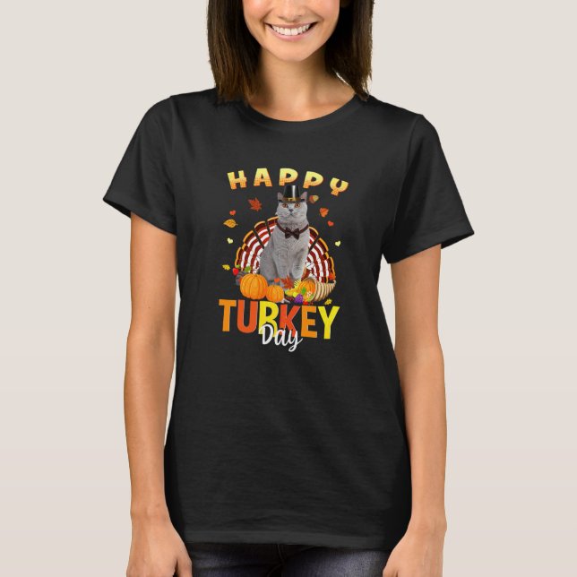 Joyeuse Fête de la dinde Grise Chat T-shirts de Th (Devant)