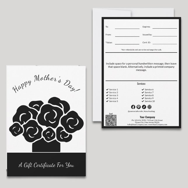 Joyeuse Fête des Mères noir blanc certificat cadea (Happy Mother's Day Black White Gift Certificate, Scissors Cut Style, QR code, Service List, SM)