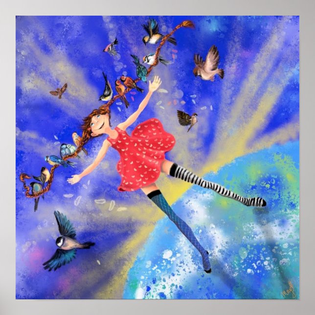 Joyeuse fille avec oiseaux Poster Peinture (Devant)