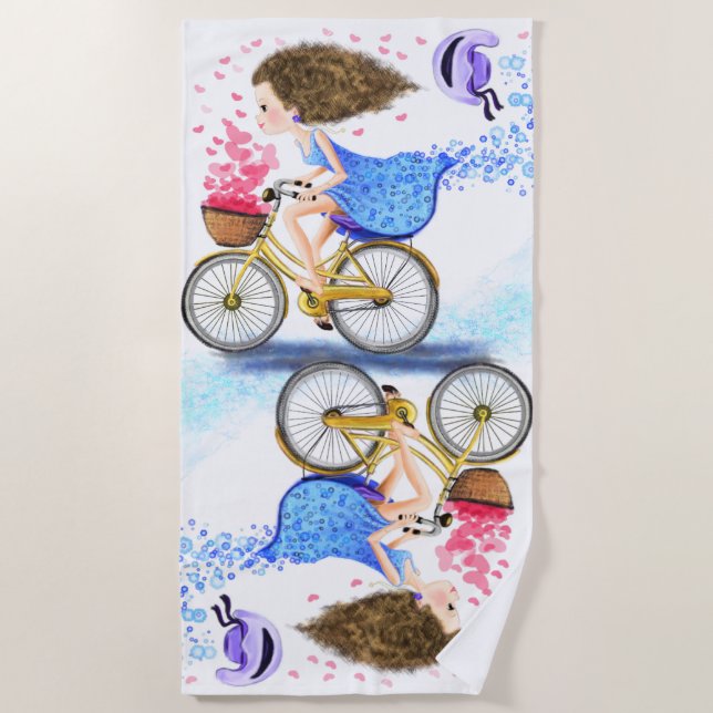 Joyeuse fille avec serviette de plage de vélo (Devant)