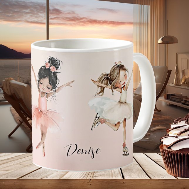 Joyeuse Fille Rose Ballerina Mug (Girly pink mug featuring girls dancing and ice skating - ballerina - dance)