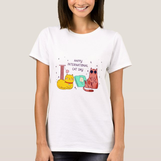 Joyeuse Journée Internationale du Chat T-Shirt Mig (Devant)