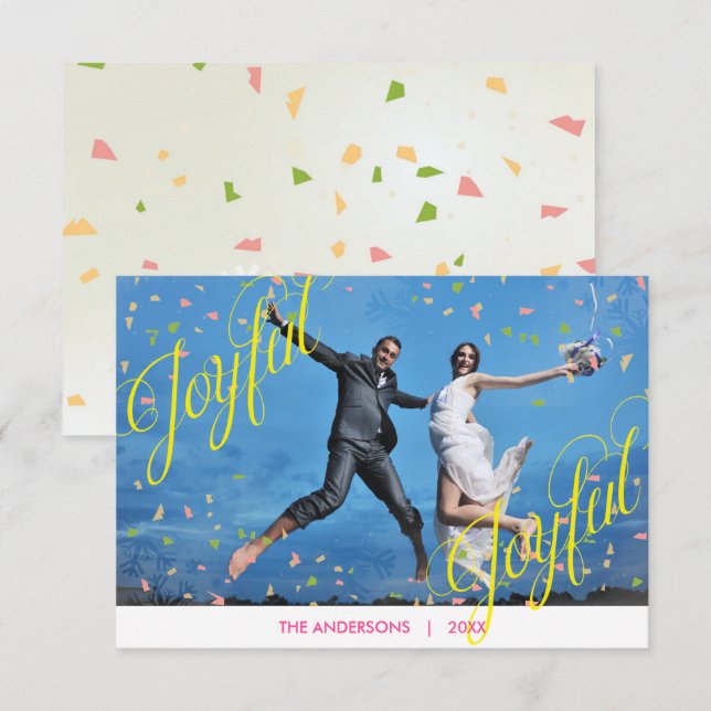 Joyeuse Joyful Confetti Photo - Carte de Noël 3x5 (Devant / Derrière)