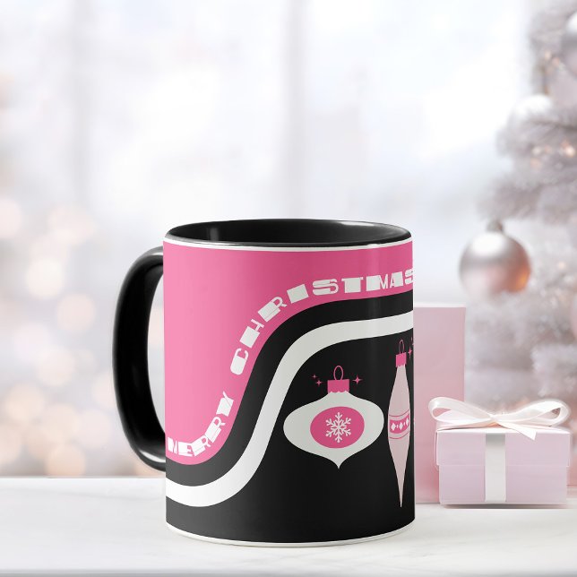 Joyeuse Mug De Noël Aux Ornements Rose Et Noir (Christmas mug pink and black merry Christmas color mug Christmas gift idea)