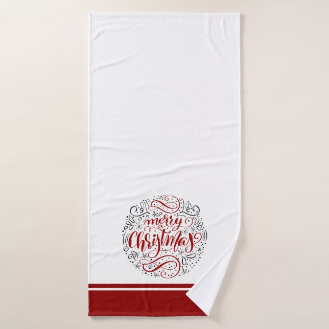 Joyeuse typographie de Noël sur blanc et bordeaux (Serviette de bain)