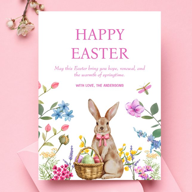 Joyeuses Cartes de Pâques Bunny Pâques Pink Printe (Happy Easter Postcard - Cheerful design, pastel flowers, bunny, Easter Holiday Card, Watercolor)