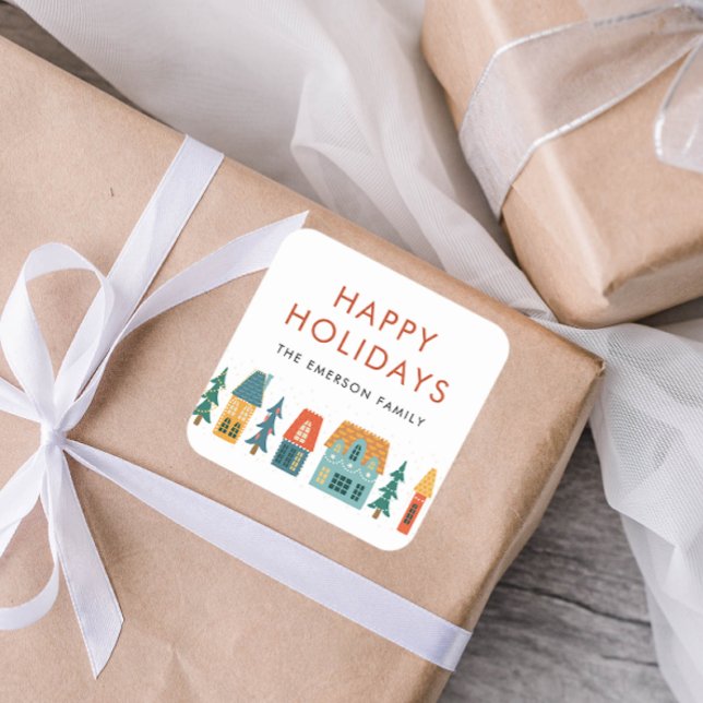 Joyeuses Fêtes Autocollants d'Hiver (Happy Holidays Retro Chic Houses Square Envelope Seal Gift Sticker by Painted Paperie)