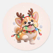 Joyeuses Fêtes Autocollants Ronds Mignons Corgi
