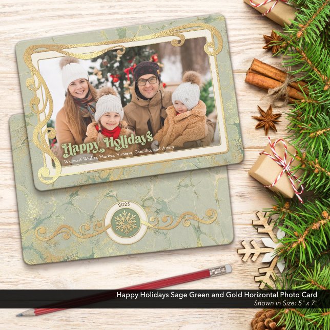 Joyeuses Fêtes Carte Photo Vert Sauge & Or (Happy Holidays Photo Card with a Touch of Vintage Whimsy and Peaceful Sage Green & Gold Colors.)