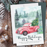 Joyeuses fêtes Forêt humide et Camion rouge Vintag<br><div class="desc">Joyeuse carte de Noël avec calligraphie festive. Design traditionnel attrayant avec forêt d'aquarelle brumeuse,  camion rouge vintage,  arbre de noël avec lumières à cordes et une pile de cadeaux.Le modèle est prêt pour vous d'ajouter votre salutation personnalisée.</div>