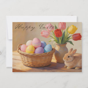 Joyeuses Pâques avec œufs colorés et tulipes
