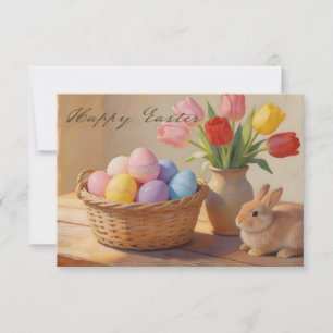 Joyeuses Pâques avec œufs colorés et tulipes