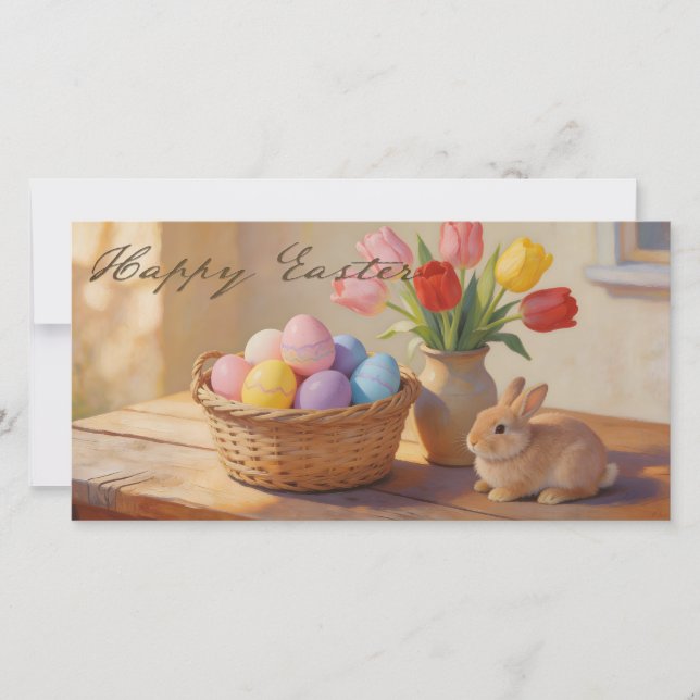 Joyeuses Pâques avec œufs colorés et tulipes (Devant)