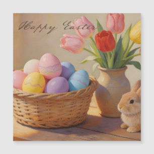 Joyeuses Pâques avec œufs colorés et tulipes