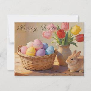 Joyeuses Pâques avec œufs colorés et tulipes
