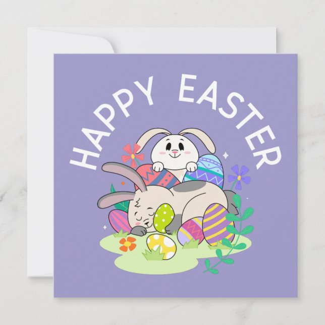 Joyeuses Pâques – Carte de vœux Lapins & Œufs (Devant)