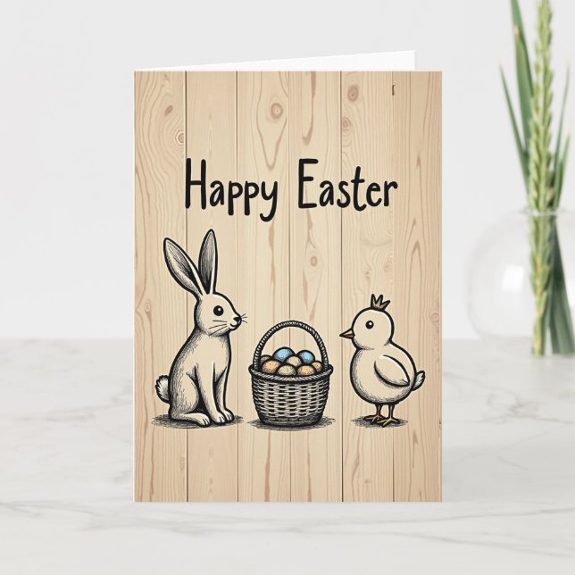 Joyeuses Pâques Carte en Bois Rustique (Devant)