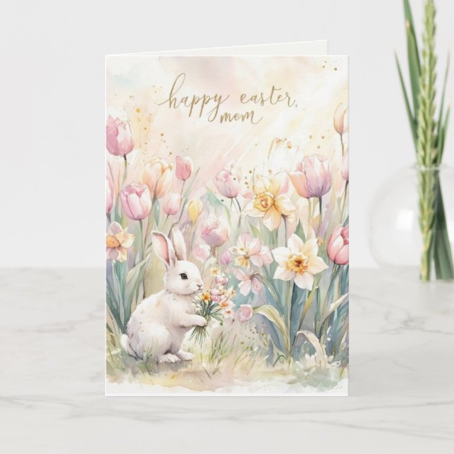 Joyeuses Pâques Maman Carte de Fête Pliée Lapin Bl (Devant)