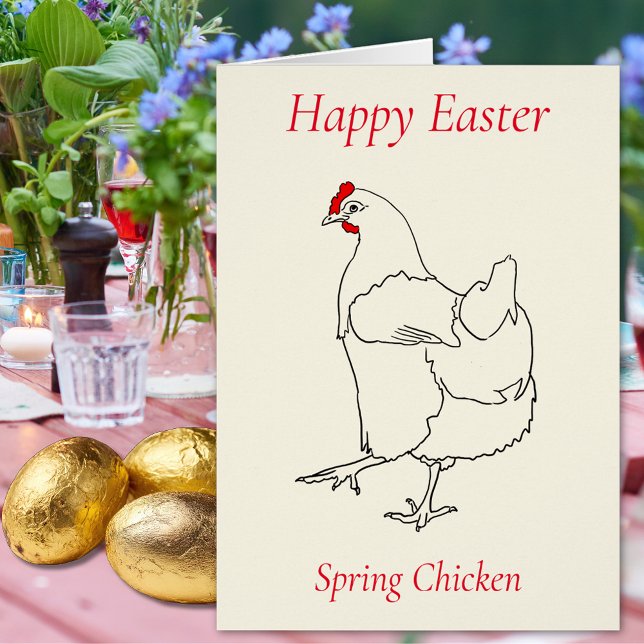 Joyeuses Pâques Poulet de Printemps Dessin au Trai (Happy easter spring chicken cute hen minimalist line art drawing Folded holiday greetings card)