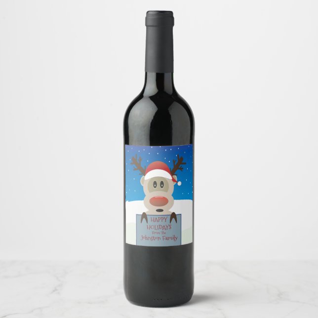 Joyeuses Vacances Cute Reindeer Vins Étiquettes (Devant)