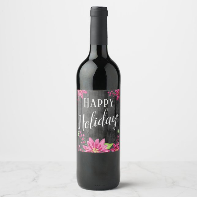 Joyeuses vacances Floral Bois Pays Vin Étiquette (Devant)