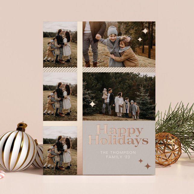 Joyeuses Vacances Plaid 5 Famille Photo Plaid Coll (Happy Holidays Plaid 5 Family Photo Plaid Collage Foil Holiday Card)