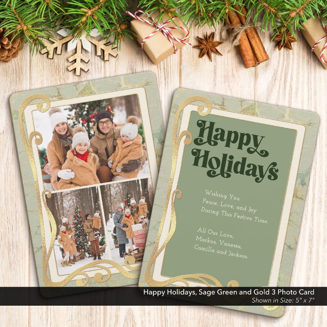 Joyeuses vacances Sage Green et Gold 3 Carte photo (Happy Holidays, Sage Green and Gold Holiday Three (3) Photo Greeting Card)