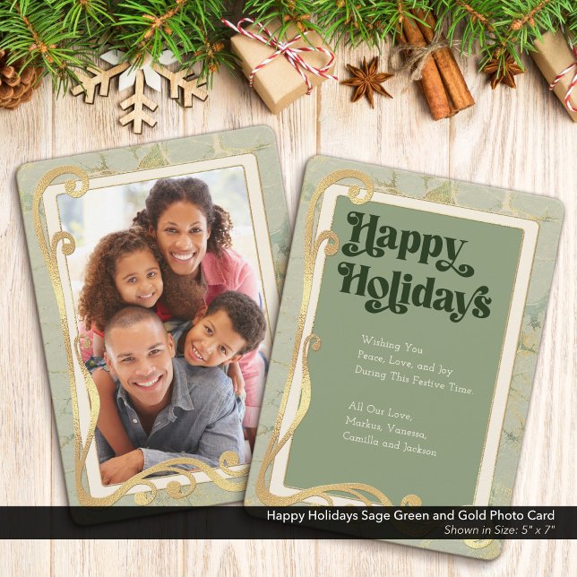 Joyeuses vacances Sage Vert et Carte photo d'or (Happy Holidays, Sage Green and Gold Holiday Photo Greeting Card)