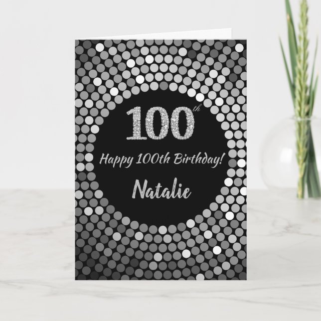 Joyeux 100e Anniversaire Carte Pailletée Noir et A (Devant)