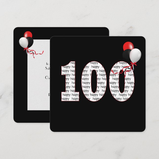 Joyeux 100e anniversaire sur Invitation noire (Devant / Derrière)