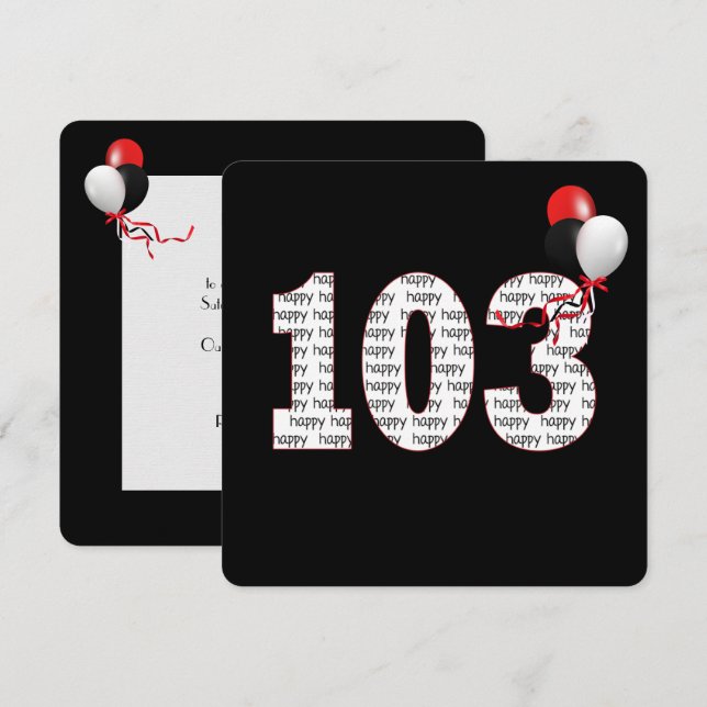Joyeux 103e anniversaire sur Invitation noire (Devant / Derrière)