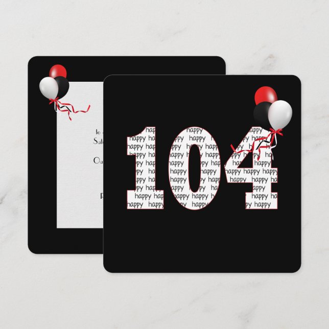 Joyeux 104e anniversaire sur Invitation noire (Devant / Derrière)
