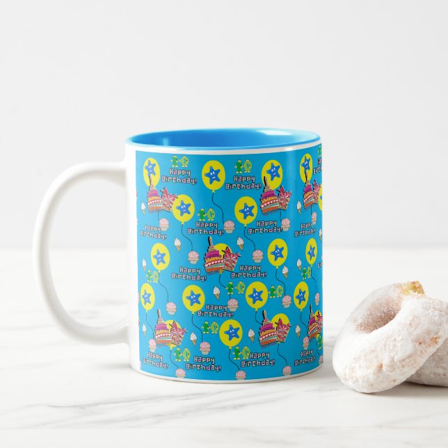 Joyeux 10e anniversaire Mug Balloons #10 Blue (Avec donut)