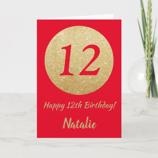 Joyeux 12e Anniversaire Carte Pailletée Rouge et O (Devant)