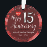 Joyeux 15e anniversaire de Mariage<br><div class="desc">Joli ornement rouge Joyeux 15ème anniversaire. Faux feuille le 15 et comme cadre de bordure. Arrière - plan à huile rouge créé par Valarie Wade. Petit bijou de coeur rouge dans le coin supérieur. Les noms et les dates sont réglables.</div>