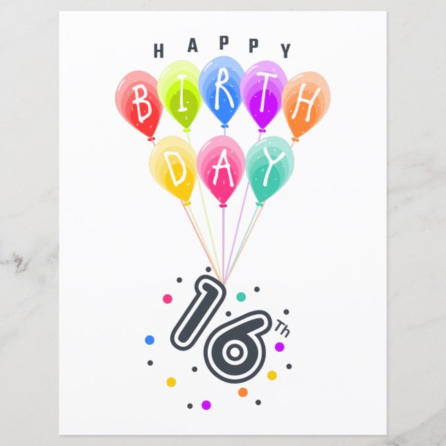 Joyeux 16ème anniversaire avec des ballons colorés (Devant)