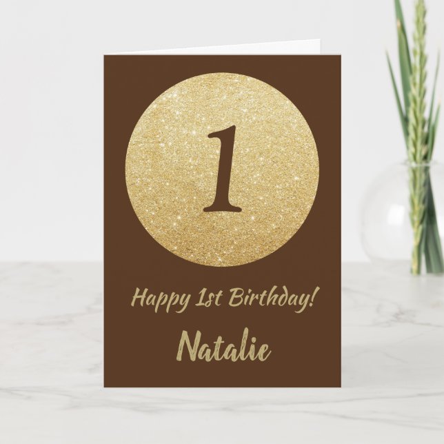 Joyeux 1er Anniversaire Carte Pailletée Marron et  (Devant)