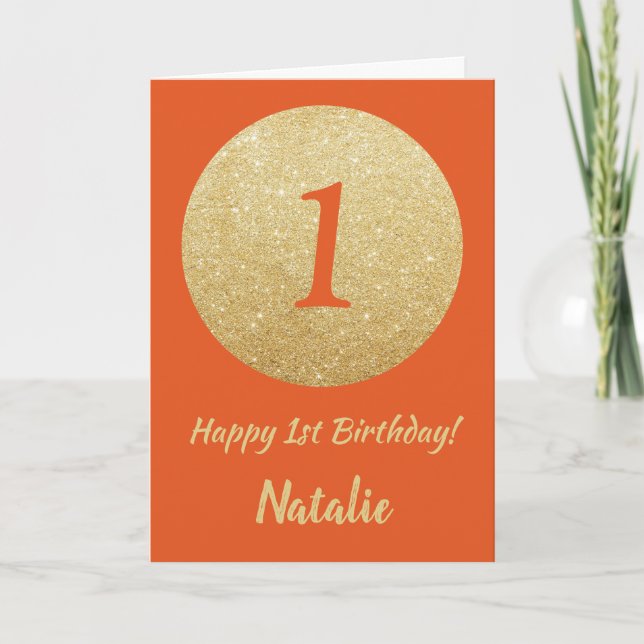 Joyeux 1er Anniversaire Carte Pailletée Orange et  (Devant)
