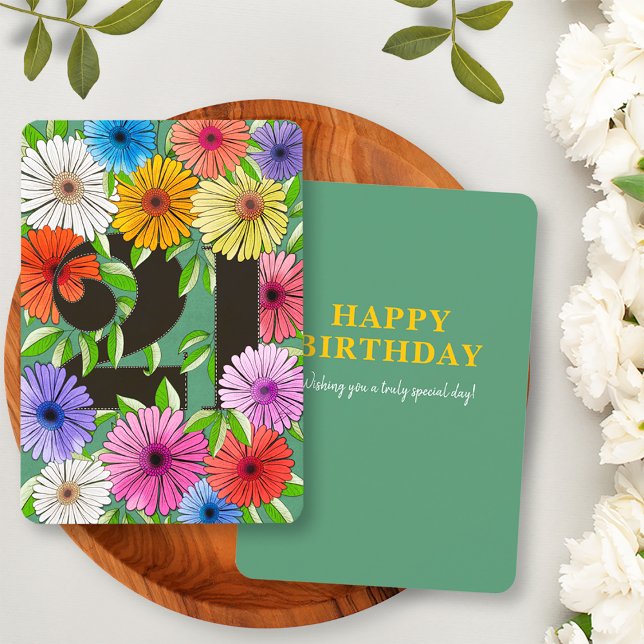 Joyeux 21e Anniversaire Fleurs Vertes Rétro Coloré (Créateur téléchargé)