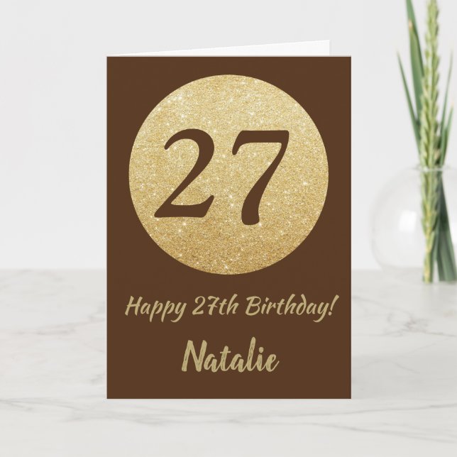 Joyeux 27e Anniversaire Carte Marron et Doré Paill (Devant)