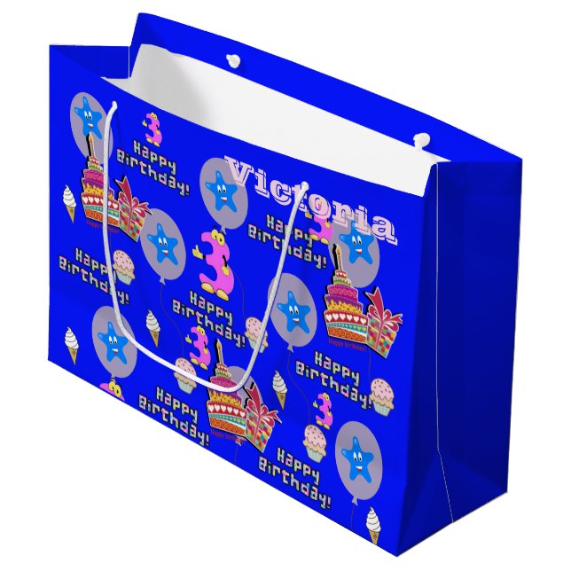Joyeux 3e cadeau d'anniversaire sac cadeau #3 Bleu (Devant Angle)